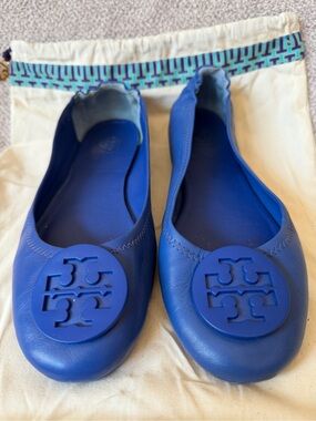 Tory Burch Minnie Travel Ballet Flat Cobalt Blue Leather Logo Size 8 + Dust Bag